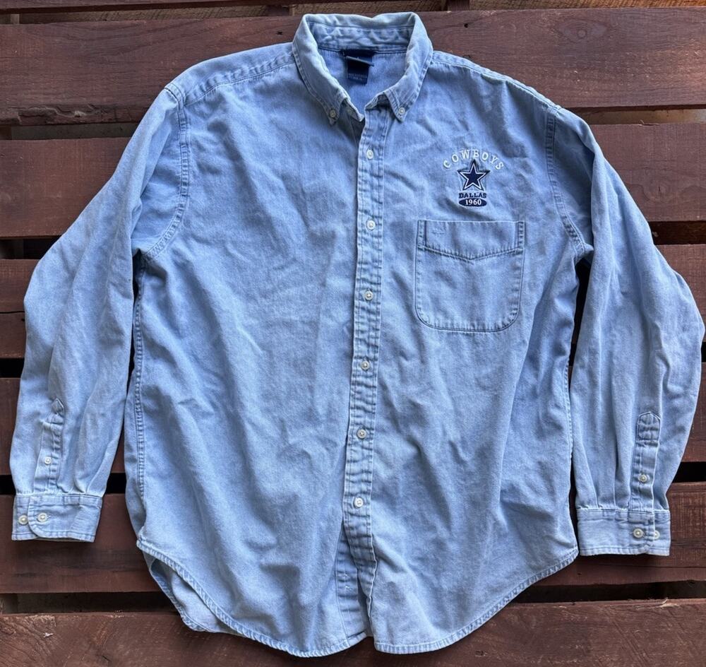 Men’s XL Dallas Cowboys Denim Shirt Button Up Embroidered Logo Vintage Style